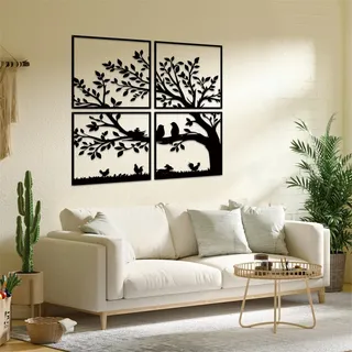 ruelen 4 Stück Metall Vögel und Zweig Wanddeko, Baum des Lebens Metall Wandkunst, Schwarze Blätter mit Vögel Silhouette Hängende Wandskulptur für Zuhause Büro Wohnzimmer