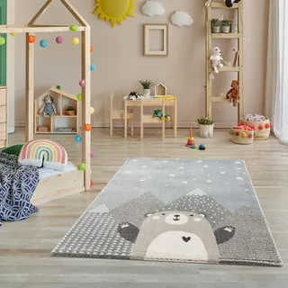 Jimri Teppich Kinderzimmer - Teppiche für Kinderzimmer, Kinderteppich Junge, Kinderteppich mit Bergen, Bär, Panda, Sterne, (Türkis-Beige, Größe: 120x170 cm)