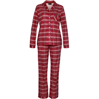 Pyjama H.I.S, Damen, Gr. 38, rot (rot, kariert), Flanell, Obermaterial: 100% Baumwolle, Basic normal, V-Ausschnitt, Manschette kontrastfarben, Homewear-Sets Pyjama, aus Flanell mit Allover-Karomuster