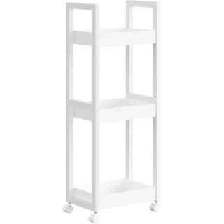 Songmics Rollwagen, Badregal, Badezimmerregal mit 3 Ebenen, Nischenregal Bambus, Regal schmal, Nischenwagen auf Rollen, platzsparend, 20 x 30 x 80 cm, weiß BCB083W01