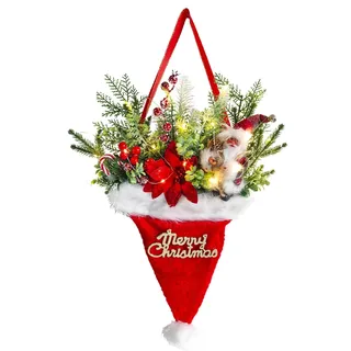 Türkranz Weihnachten LED, 55 x 40 cm Weihnachtskränze Haustür, Groß Weihnachtsmannmütze Kranz Außen mit Künstlichen Tannenzweigen und Beeren, Weihnachtsdeko für Feste Advent Tür, Fenster, Kamin
