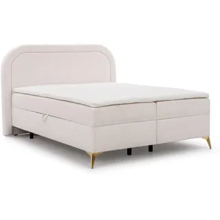 S-Style Boxbett Sonna 140/200 cm Weiß Bouclé-Stoff mit abgerundetem Kopfteil und mit goldenen Metallfüßen , Weiß, Goldfarben , Echtholz, Teilmassiv,Birke, Buche , H3 , 140x200 cm , FSC Mix, Oeko-Tex®, Hergestellt in Europa , Schlafzimmer, Betten, Boxspringbetten