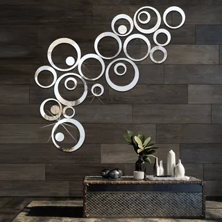 Kristallkreis 3D Acryl Spiegel Wandaufkleber - 24 Stück Runde Zimmer Deko für Schlafzimmer, Wohnzimmer - DIY Home Decoration (Silber)