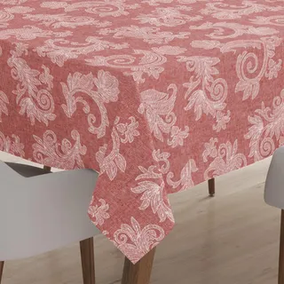 Encasa XO Jacquard Tischdecke Baumwolle, Blumen 145x145 cm Red | 4 Seater | 100% Chambray Baumwolle | Damast Blumenmuster | Maschinenwaschbar | Familienfeiern