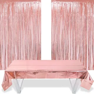 Roségold Lametta Vorhänge(1*2m)+Tischdecke(1.37*2.74m),JGA Rosegold Party Vorhang Glitzer,Folien Fransenvorhang für Geburtstag Polterabend Braut Junggesellenabschied Frauen Mädchen PartyDeko