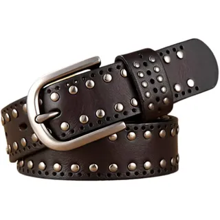 YOPADO Damen Punk-Rock Gürtel Echtleder mit Nieten,Unisex Mode Nietengürtel Ledergürtel Leather Belt Verstellbare Größe für Jeans Hosen (105cm/waist:34"~36", Brown)