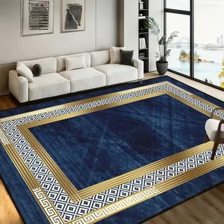 Bycmuoz Marine Blau Gold Geometrisch Teppich, 200x280cm, Nicht Haarend mit Schwarz Kantenbearbeitung, Griechisch Schlüssel Grenze Teppich für Wohnzimmer Schlafzimmer, Modern Abstrakt Lounge Matte