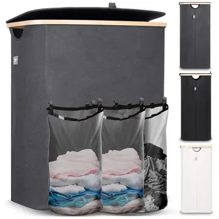 HENNEZ Wäschebox 150L - Wäschekorb 3 Fächer 60 cm Breit, Deckel - Wäschesortierer mit Wäschesack - Laundry Baskets - Wäschetonne - Wäsche Sortiersystem - Wäschesammler - Washing Basket - Grau Bambus