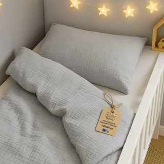 Baby Musselin-Bettwäsche 90 x 120 cm Kinderbettwäsche - Musselin Bettbezug & Kissenbezug 40x60 mit Reißverschluss – Babybettwäsche Junge Mädchen Kleinkind Oeko-Tex Grau