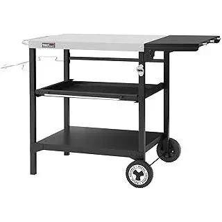 Royal Gourmet Outdoor Grilltisch, 3-Etagen Servierwagen mit 70 x 50 cm Edelstahl Tischplatte und 30 x 50 cm klappbarer Seitenablage, Beistelltisch Grillablagetisch Garten Trolley mit Push-Pull Regal