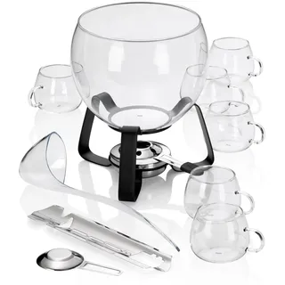 Kela Feuerzangenbowle Set 11 teilig JUNTOS, Bowleset mit 3,5l Glasschale, 6 Gläser, Zuckerzange, Schöpfer, auch geeignet für Sommerbowle & Glühwein, Transparent, 22 centimeters cm