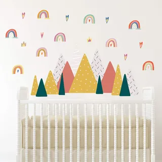 Wandtattoo, Kinderzimmer, niedliches Kinderzimmer, Babygirl, Kinderzimmer, Raumdekoration, skandinavische Landschaft, Muster, Berge, buntes Waldland, Abenteuer, Regenbogen, skandinavischer Stil