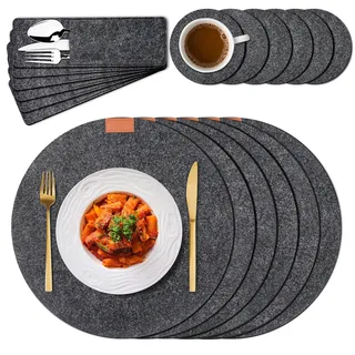 Tischset aus Filz 18er Set, 6 Tischsets Abwaschbar Platzsets rutschfest Hitzebeständig Platzdeckchen mit 6 Untersetzer 6 BestecksäCken für Küche Speisetisch (Rund)