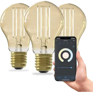 CALEX Smart LED Lampe, E27, A60, Gold Filament, warmweißes Licht, dimmbar, WLAN App- & Sprachsteuerung, 3er Pack