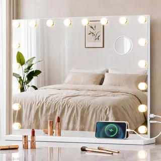 SONGMICS Hollywood Schminkspiegel mit Beleuchtung, 18 LEDs, Dimmbar | Kosmetikspiegel, 10-fach Vergrößerung, 3 Lichtfarben, 62 x 80 x 5,7 cm, Mattweiss, BERIT Kollektion LWM223WC02