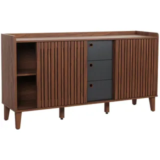 MCW Sideboard MCW-M48, Kommode, Schiebetür Staufach, MDF 81x150x40cm ~ Walnuss-Optik, Schubladen dunkelgrau