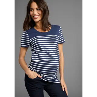 Umstandsshirt NEUN MONATE "Geringeltes Schwangerschaft und Still-Shirt", Damen, Gr. 44/46, blau (blau geringelt), Single Jersey, Obermaterial: 95% Baumwolle, 5% Elasthan, geringelt, bequem, Rundhals, abgesteppte Kante, Shirts Umstandsshirt, für bequemes Stillen, Topseller