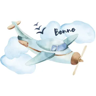 GRAZDesign Wandtattoo Kinderzimmer Junge Flugzeug | personalisiert mit Name | Wandsticker Babyzimmer Baby Jungen | Wandaufkleber Kinderzimmer Deko 86x50cm, blau