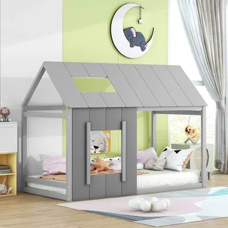 Flieks Kinderbett Hausbett 90x200cm mit Rausfallschutz, Bodenbett Holzbett Einzelbett Kinder, Spielbett mit Lattenrost, Grau - Grau