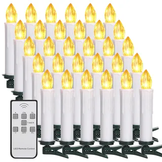 yunsheng 30er Weihnachtsbaumkerzen mit Fernbedienung Timer, Warmweiß Christbaumkerzen Kabellos, Batteriebetriebene Flammenlose Flackern Weihnachtsbaum Lichterkette, Wasserdicht, weisse Hülle