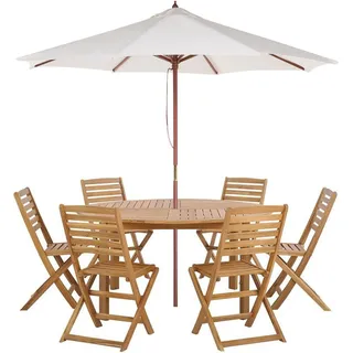 BELIANI Gartenmöbel Set mit Sonnenschirm Hellbraun Akazienholz Runder Tisch 150 cm mit 6 Klappbaren Stühlen Landhaus Stil Terrasse Balkon Garten Möbel - Braun, Beige
