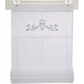 Rollos & More Raffrollo aus Baumwolle, weiß, mit Ösen, Kessy Crown, Stickerei, Grau, Shabby Vintage, 80 x 140 cm (B x H)