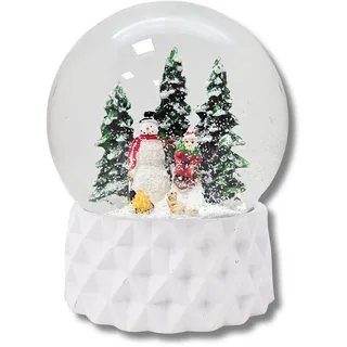Schneekugel Winter Schneemann mit Kind auf Schlitten, Sockel weiß Kubisch, Pure-Line, Durchmesser 100mm Schüttelkugel, 20169