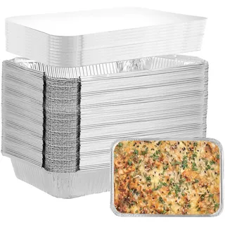 LDHHYH 100 Stück Aluschalen mit Deckel 850ml Alu Grillschalen mit Deckel, Aluschalen Grillschalen Aluminium Einweg Fettauffangschalen Gasgrill für Backen Braten Kochen-21.5x14.5x4.3cm
