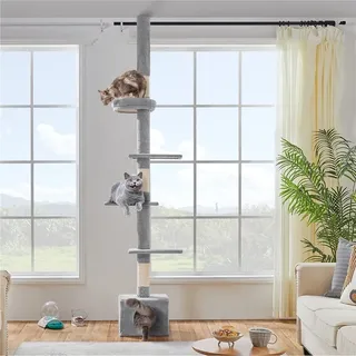 Yaheetech Kratzbaum Katzenbaum 226cm-265cm deckenhoch, höhenverstellbar, mit Sisalstämmen, Hellgrau - Hellgrau