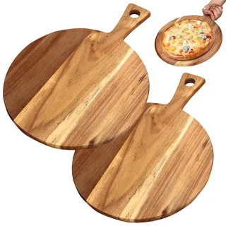 Bcuuozeeing Pizzateller Holz, 2 Stück 40 cm Rund Pizzabrett Holz, Pizza Teller Gross Schneidebrett mit Griff Pizza Zubehör zu Hause, Pizza Teller für Pizza, Foccacia oder Brot