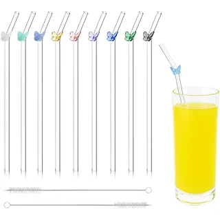 9 PCS Glasstrohhalme Glas Wiederverwendbar Trinkhalme mit Bunter Schmetterling, Gebogene Glas Trinkhalme mit 2 Reinigungsbürsten für Säfte, Cocktails, Smoothies und Bubble Tea und Umweltfreundlich