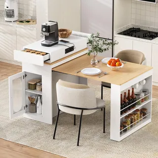 Merax Kücheninsel mit Rollen, Ausziehbarer Esstisch, Stauraum und Steckdosen, Flexibles Sideboard Servierwagen für Küche und Esszimmer, Weiß - Weiß