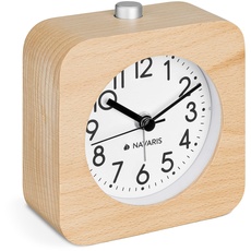 Navaris Analog Holz Wecker mit Snooze - Retro Uhr Viereck Design mit weißem Ziffernblatt Alarm - Leise Tischuhr ohne Ticken - Holzwecker Hellbraun