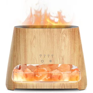 SALKING 2-in-1 Aroma Diffuser & Salt Range Pakistan Leuchte, Flammeneffekt Diffusor für ätherische Öle, Diffusor Kühler Nebel Luftbefeuchter mit 3-Helligkeit, 150ml(Holz)