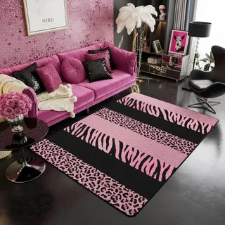 feelingyou Rosa Leopard Wohnzimmer Teppich 100x150cm Wildlife Zebra Hautdruck Schlafzimmerbereich Teppich für Kinder Teens Geometrische Streifen Rustikale Dschungel Stil Indoor Matte Heimdekor