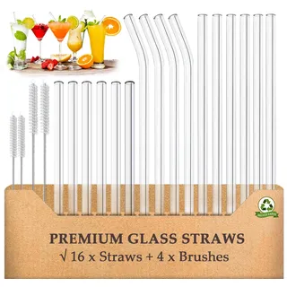 AOTWAN Glas Strohhalme Wiederverwendbar 20 Stück Glasstrohhalme, 6 Kurz + 6 Lange Geraden Glas-Strohhalme, 4 gebogenem Trinkhalme mit 4 Reinigungsbürsten für Cocktails, Smoothie und Säfte