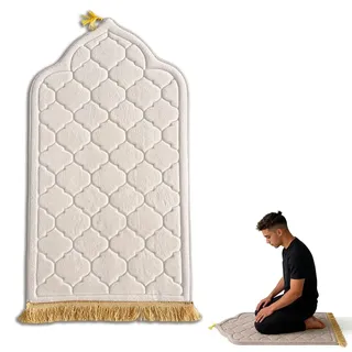 Zinueen Gepolsterter Gebetsteppich Seccade - Türkischer Stil, Weicher & Dicker Prayer Mat für Ramadan, Umrah Geschenk, Tespih Islam, Gebetsteppich to Go, Namazlik (65x110cm) (Cremefarben)