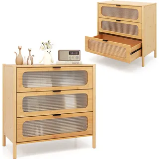 COSTWAY Kommode mit 3 Schubladen, Moderner Schubladenschrank im "Mid-Century-Stil" mit geriffelter Hartglasfront, dekorativer Bambusschrank Natur - Naturbelassen