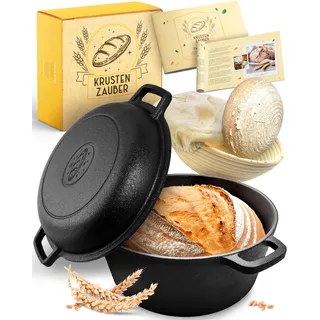 KRUSTENZAUBER 26cm Gusseisen Topf Brot Backen inkl. Gärkorb - Robuste Brotbackform mit Deckel - Idealer Brottopf, Brotbacktopf, Brotbackset Gusseisentopf Brotbacken, Brot Backen Zubehör, Brotform