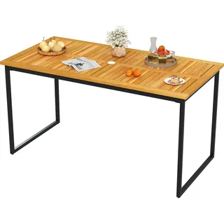 COSTWAY Gartentisch mit Schirmloch für 6 Personen, rechteckiger Terrassentisch, Balkontisch bis 75 kg, Outdoor Esstisch Akazienholz 140x70x73cm - Naturbelassen, Schwarz