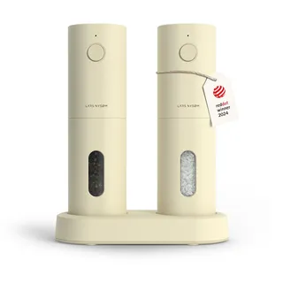 LARS NYSØM Salz und Pfeffer Mühle Elektrisch 2er Set mit einstellbarem Keramik-Mahlwerk von grob bis fein I Design Gewürzmühlenset Automatisch (2 Stück, Buttercream)