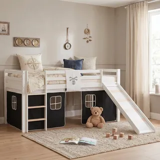Homestyle4u Hochbett mit Lattenrost 90 x 200 cm Kiefer massiv lackiert schwarz/weiß
