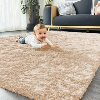 Homaxy Hochflor Flauschig Teppich Anti-Rutsch Unterseite Waschbar Groß Teppiche fürs Wohnzimmer, Kinderzimmer, Schlafzimmer - 160 x 220 cm, Beige