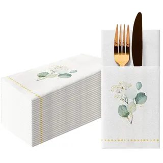 Paw Decor Collection PAW - Besteckservietten aus Airlaid - Stoffähnlich (1/8 falz) | 25 Stück | Ideal für Hochzeit, Taufe, Kommunion, Geburtstag | Serviettentaschen für Besteck | Goldener Eukaliptus