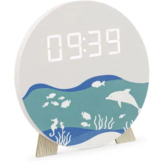 Navaris Design LED Digitaluhr aus Holz - Wanduhr digitale Uhr - Tischuhr mit USB Kabel - Nachtdimmer 12 oder 24 Stunden - Holzuhr digital Standuhr - Ozean Print
