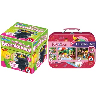 Schmidt Spiele 40581 Bibi & Tina Bibi Blocksberg-Der blubbernde Hexenkessel 56509 Bibi und Tina, 4 Kinderpuzzle im Metallkoffer, 2x100 und 2x150 Teile