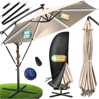 KESSER® Ampelschirm Alu Sonnenschirm mit LED Solar Inkl. Abdeckung & Fernbedienung - Beige