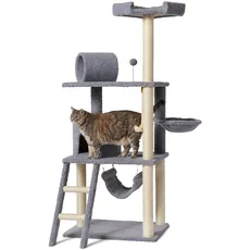 Amazon Basics Katzen-Kratzbaum mit Haus, Hängematte und Tunnel, 65 x 157 x 49 cm, grau