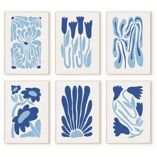 youillne Matisse Wandkunstdrucke, Blumen, blau, abstrakte Wanddekoration, ästhetische Matisse-Leinwandkunst, Picasso-Galerie-Poster, für Badezimmer, 20,3 x 40,6 cm, ungerahmt, 6 Stück
