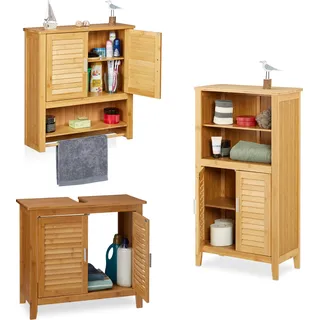3 tlg Badeinrichtungs Set LAMELL, Waschbeckenunterschrank, Badschrank mit Türen, Hängeschrank mit Handtuchhalter, Bambus - Hellbraun